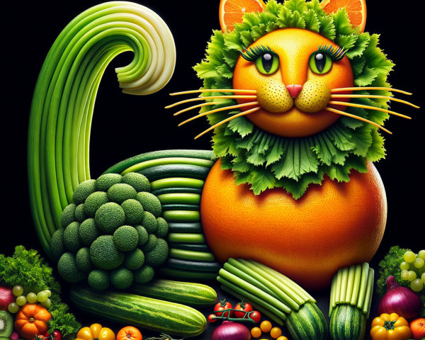 Colorful Cat Made of Fruits and Vegetables