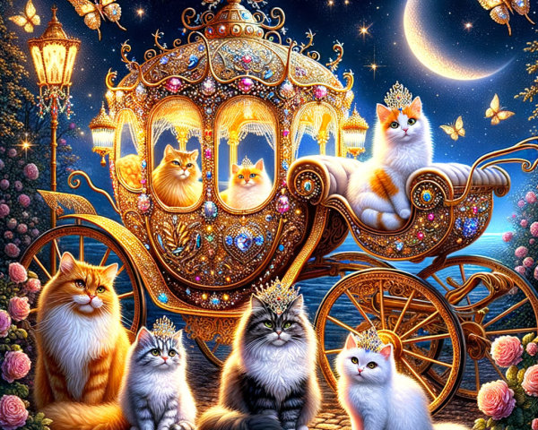 Regal Cats and Gold Carriage Under Starry Night Sky
