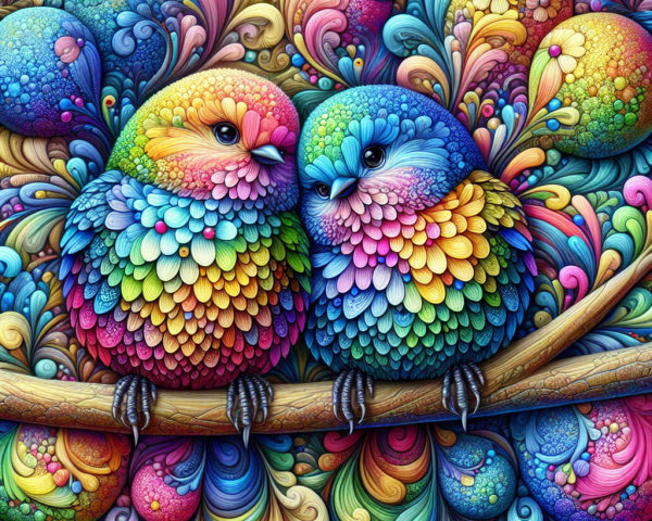Vibrant Birds with Intricate Patterns on a Branch