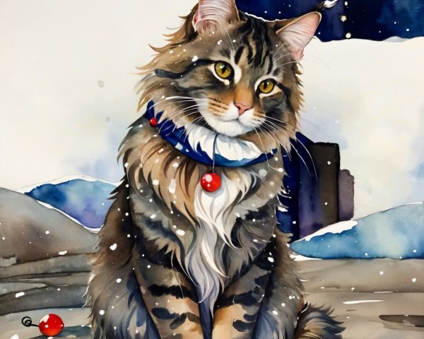 Maine Coon Cat in Snow with Festive Ornaments