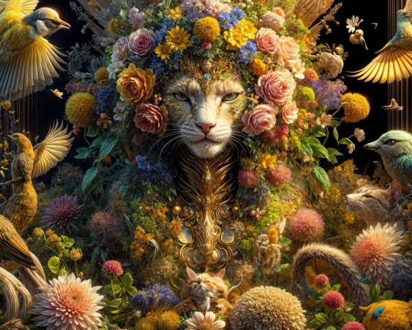 Lion's Head Surrounded by Colorful Floral Arrangement