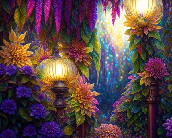 Vibrant Garden Scene with Colorful Flowers and Lanterns