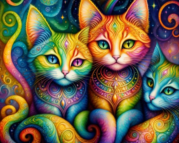 Psychedelic Illustration of Three Colorful Cats
