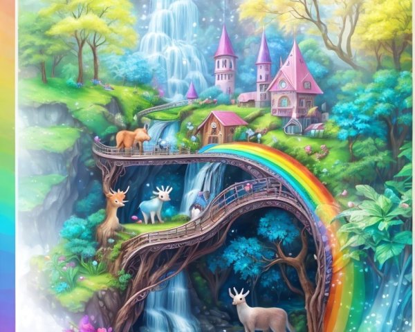 Whimsical Landscape with Waterfall and Fairy-Tale Castle