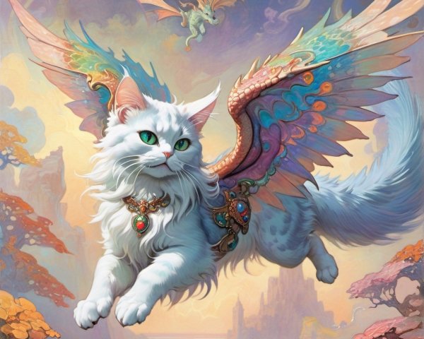 Majestic winged white cat in a fantastical landscape