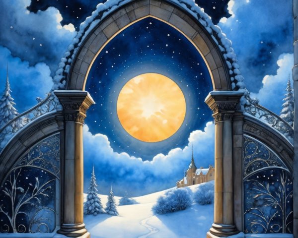 Intricate Archway Opens to Serene Winter Landscape