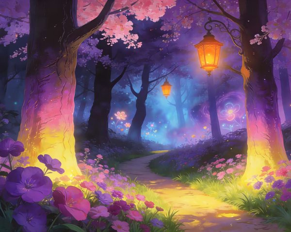 Magical Nighttime Forest with Vibrant Colors and Glow