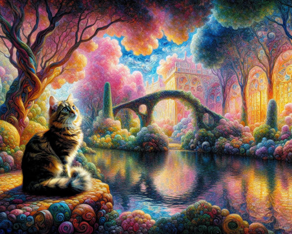 Whimsical Landscape with River, Cat, and Colorful Flora