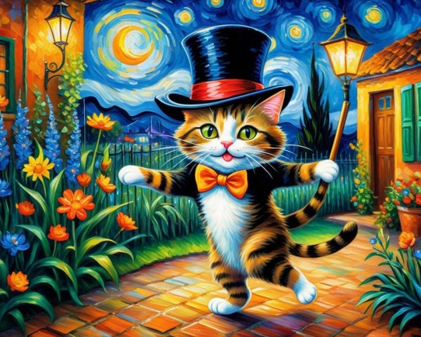 Whimsical Cat in Hat Dances Amidst Colorful Scene