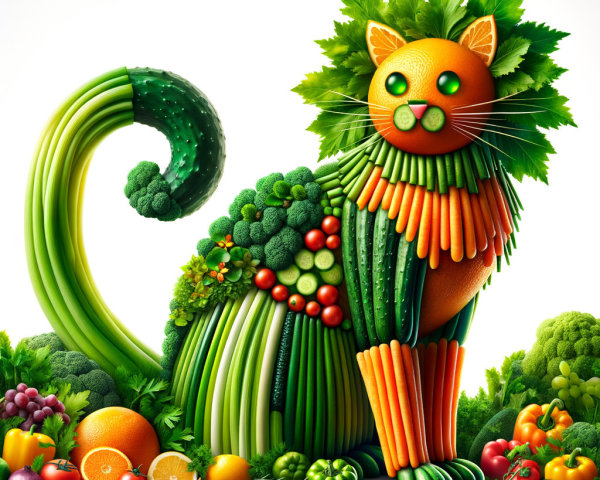 Whimsical Cat Sculpture Made of Fruits and Vegetables