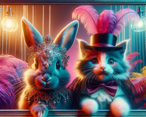 Whimsical Rabbit and Cat in Playful Theatrical Scene