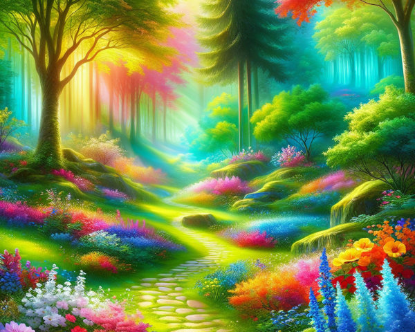 Vibrant Enchanted Forest with Colorful Light and Foliage