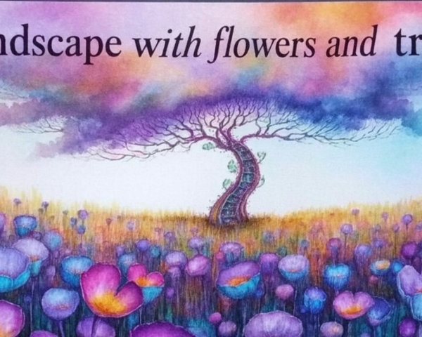 Whimsical Landscape with Vibrant Flowers and Tree