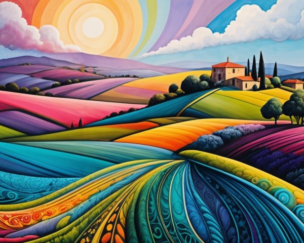 Vibrant Landscape with Bold Patterns and Colors