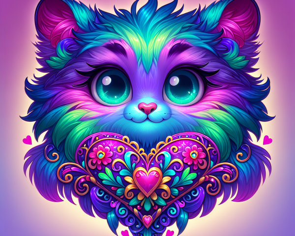 Vibrant Cartoon Illustration of a Fluffy Cat with Heart