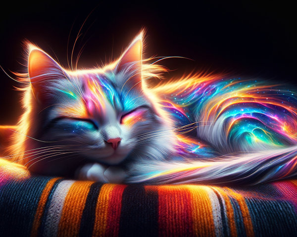Feline Curled on Vibrant Striped Blanket with Cosmic Glow