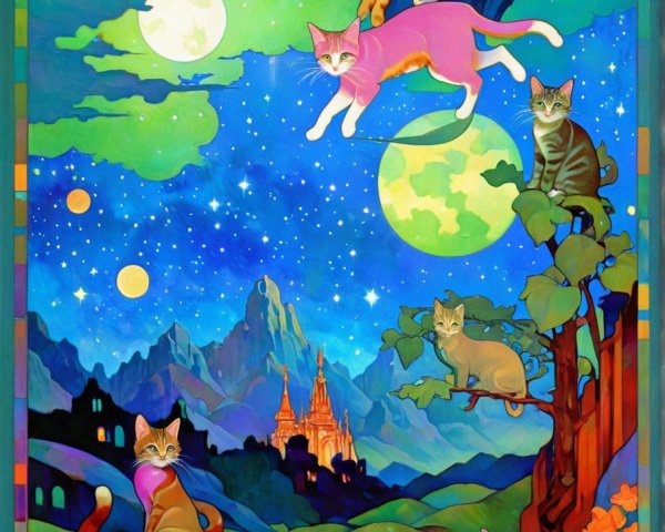 Colorful Cats in a Surreal Nightscape Scene