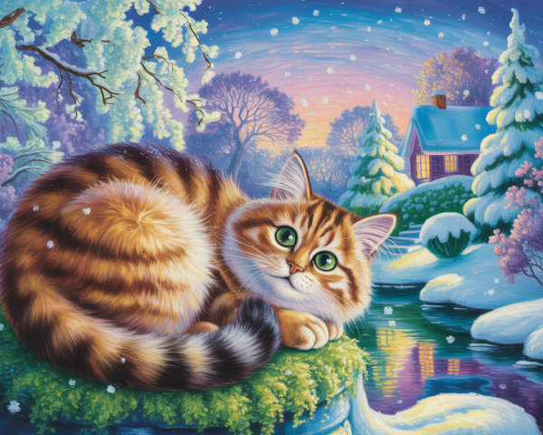 Fluffy Striped Cat in a Snowy Winter Landscape