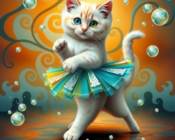 Whimsical Kitten Illustration with Colorful Skirt