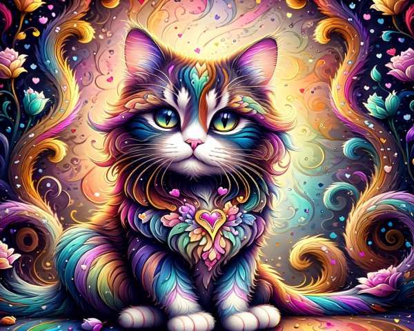 Majestic Cat with Colorful Fur and Floral Background