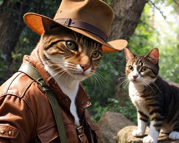 Fashionable cats in a lush forest setting