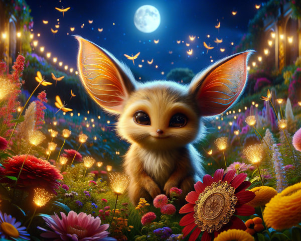 Moonlit Garden with Whimsical Large-Eared Creature