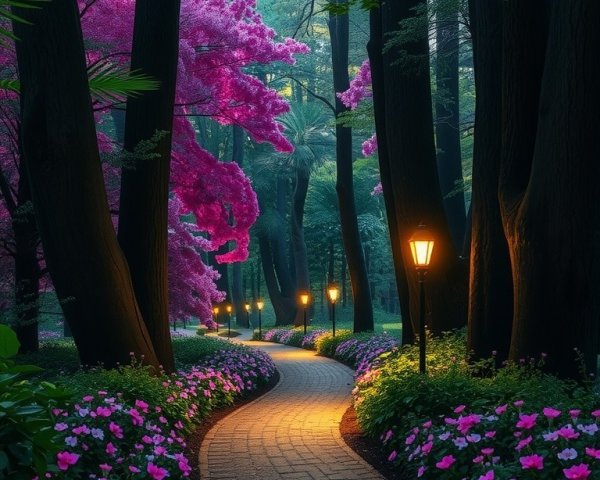 Winding Path Through Lush Forest with Blossoms and Lights