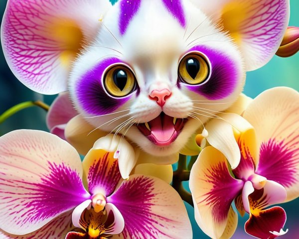 Cartoon Cat Surrounded by Vibrant Orchid Flowers