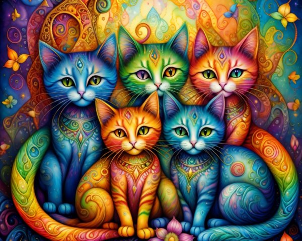 Psychedelic Illustration of Colorful Cats with Patterns