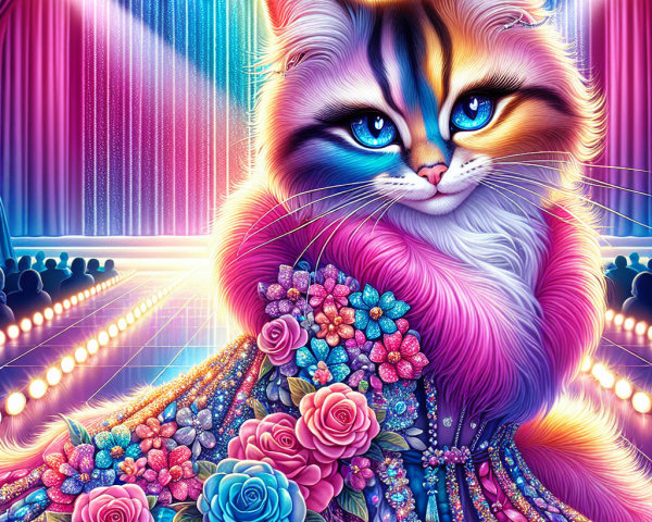 Glamorous Cat on Fashion Runway in Sparkling Gown