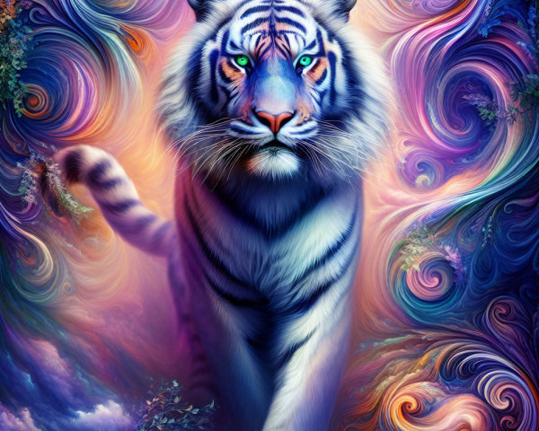 Majestic white tiger in a vibrant, colorful background
