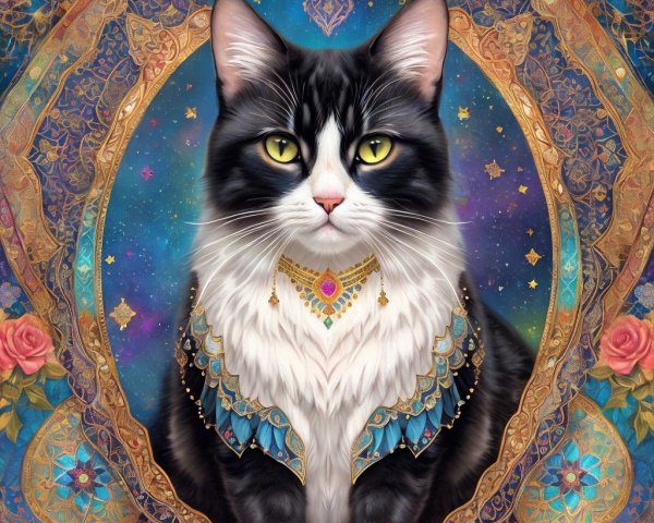 Black and white cat with jewels on ornate background