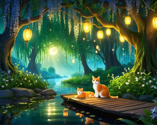 Orange and white cats by a glowing enchanted river