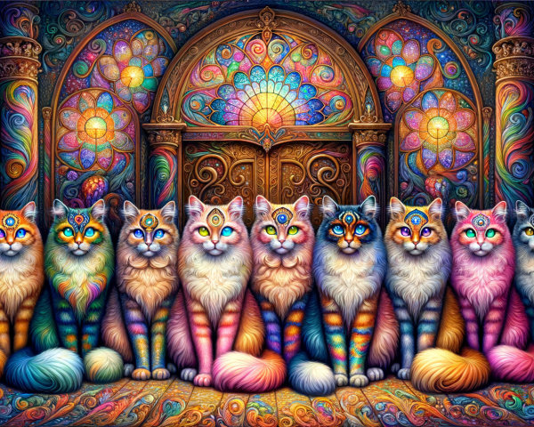 Colorful Cats Tapestry with Stained Glass Background