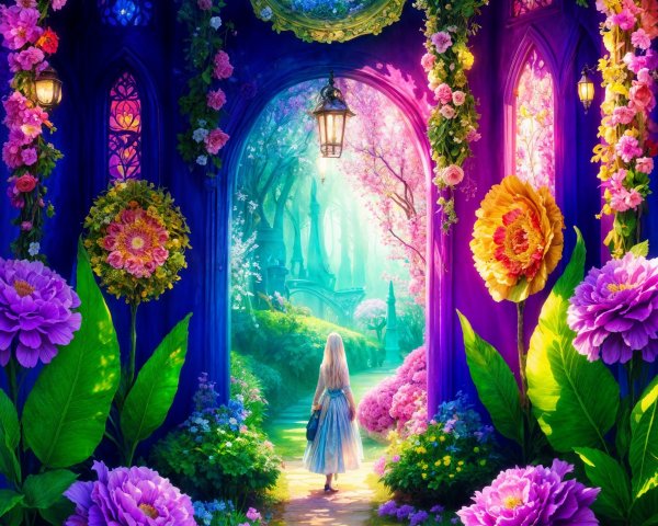 Whimsical Garden Path with Vibrant Flowers and Lanterns