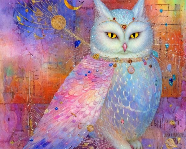 Celestial Owl with Jewel Accents in Dreamy Background