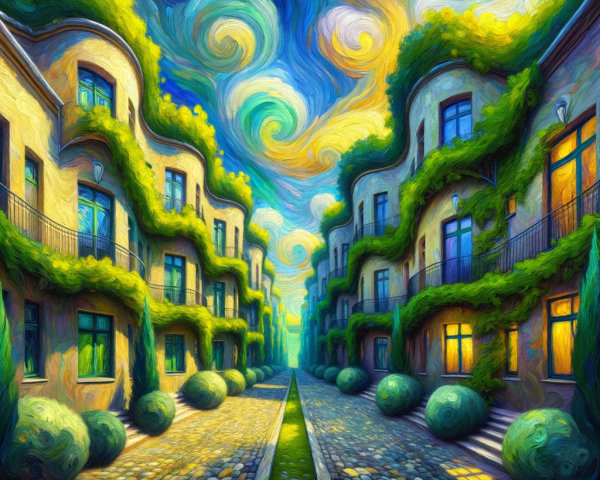 Vibrant Dreamlike Scene with Curvilinear Buildings