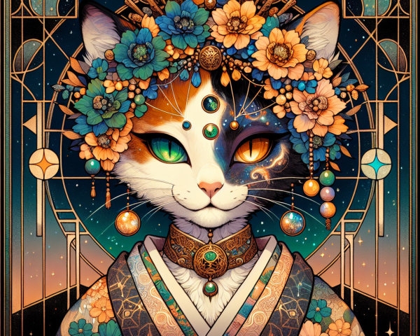 Illustrated Cat with Split Face and Floral Crown