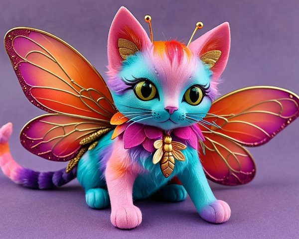 Whimsical Feline Figure with Colorful Butterfly Wings