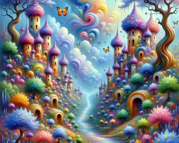 Vibrant Fantasy Landscape with Colorful Castles and Nature