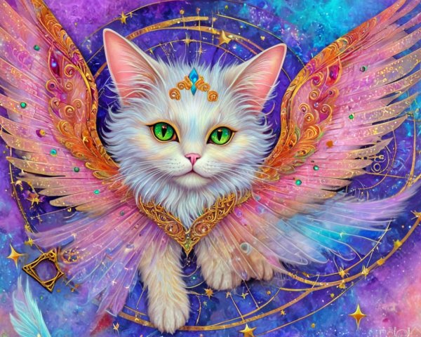 Fluffy White Kitten with Colorful Wings in Cosmic Scene