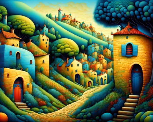 Whimsical Landscape with Quaint Houses and Rolling Hills