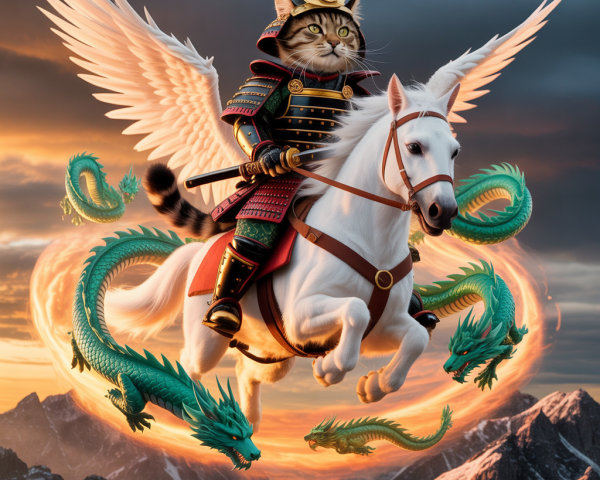 Winged Cat Samurai on Horse Surrounded by Dragons
