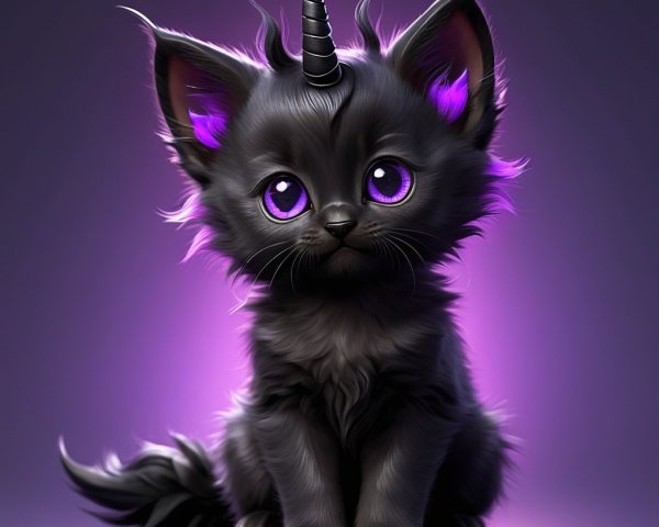Fantasy Black Kitten with Unicorn Horn and Purple Eyes