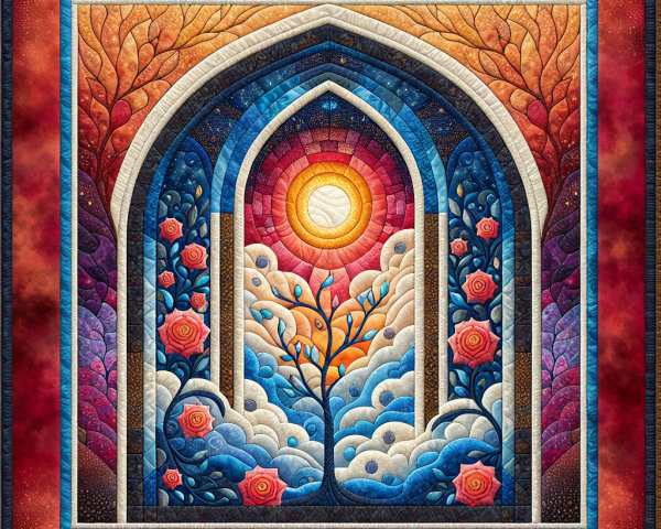 Intricate Colorful Quilted Artwork with Arched Window
