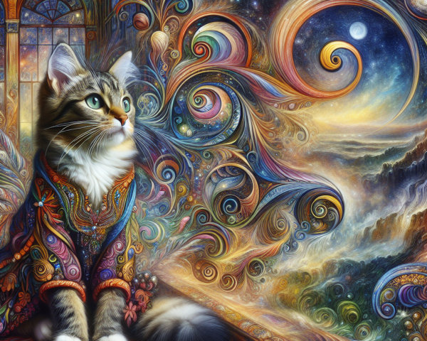 Majestic Cat in Colorful Cosmic Landscape Scene