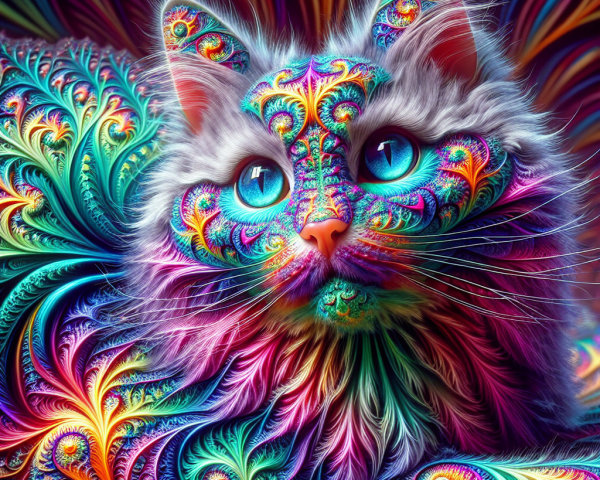Psychedelic Cat with Colorful Fractal Patterns