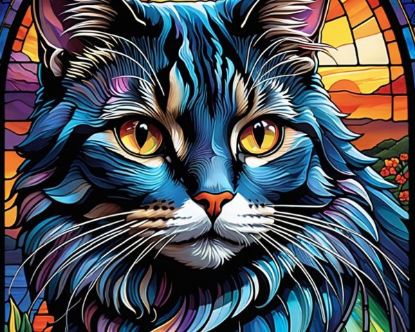 Vibrant Stylized Cat Face with Sunset Background