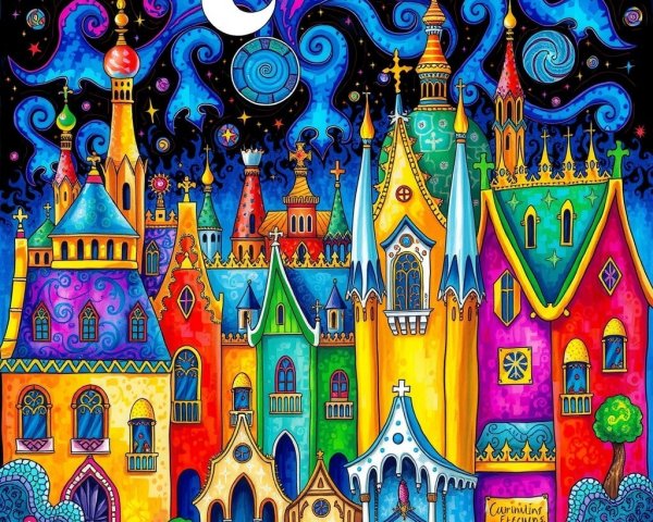 Whimsical Vibrant Landscape with Fantastical Buildings