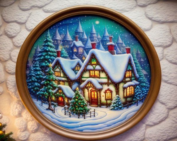 Winter Scene with Cottage and Castle in Snowy Landscape